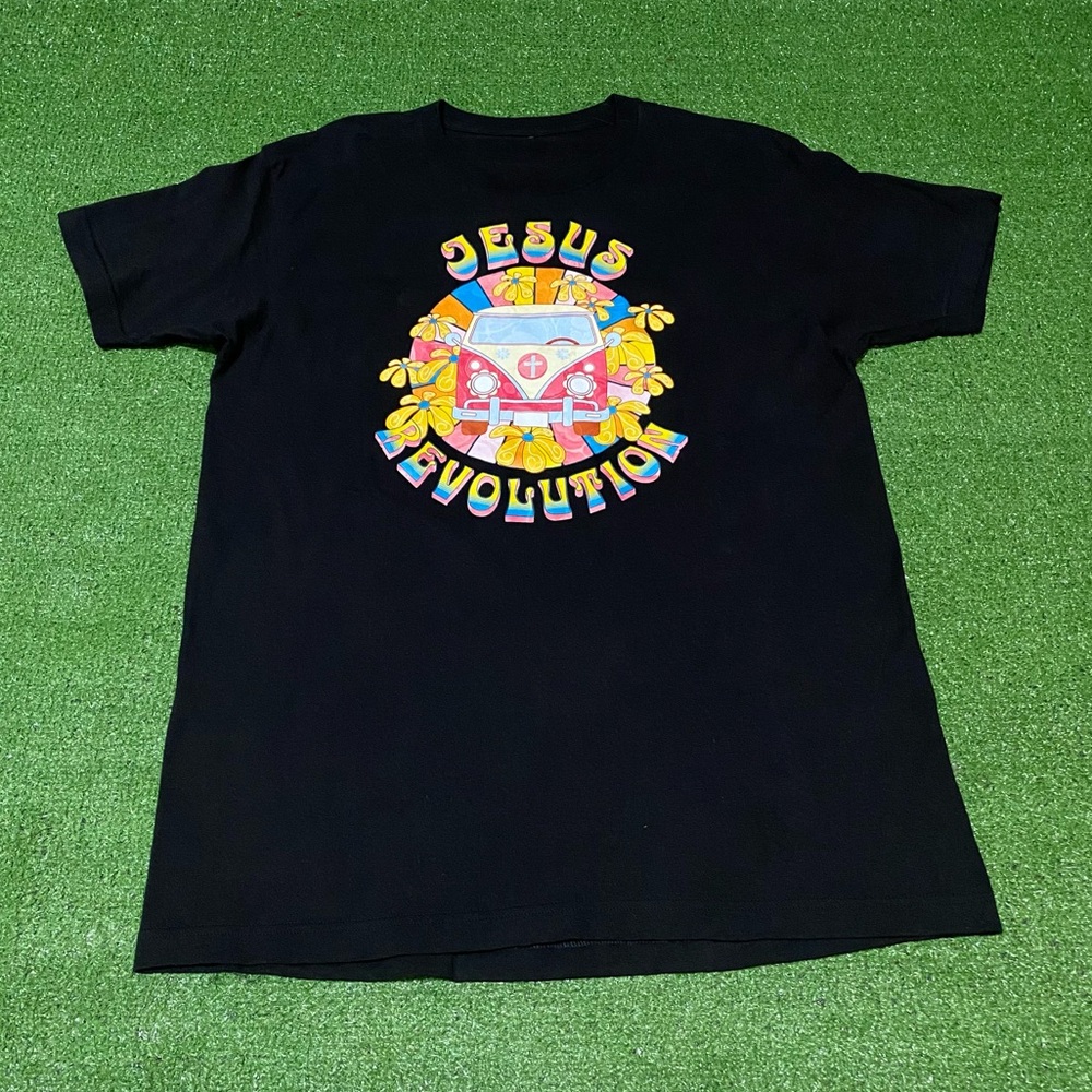 Jesus Revolution Movie Promo T-Shirt Black 70s Retro Hippie Van Graphic Large